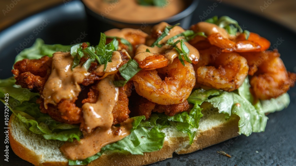 Shrimp Po' Boy Sandwich with Cajun Sauce - sandwich with crispy shrimp, lettuce, and a spicy sauce Shrimp Po' Boy Sandwich with Cajun Sauce - sandwich with crispy shrimp, lettuce, and a spicy sauce