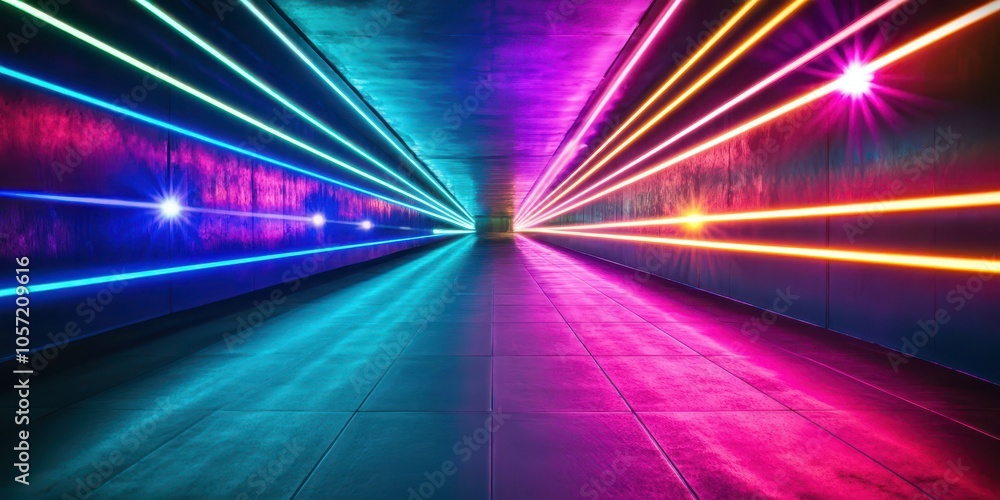 High-resolution photo of neon laser lights converging in a futuristic corridor. High-resolution photo of neon laser lights converging in a futuristic corridor.