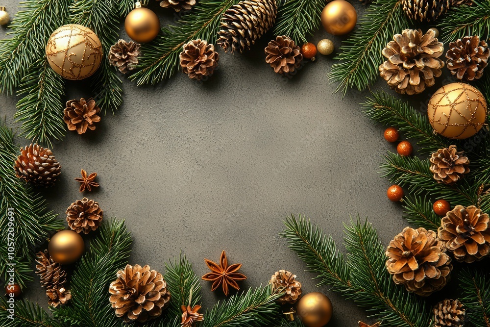 Festive Christmas Frame with Pine Branches, Cones, and Gold Ornaments Festive Christmas Frame with Pine Branches, Cones, and Gold Ornaments