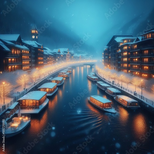 A riverfront with snow lights from boats creating a serene winte photo