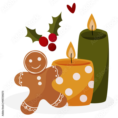 Winter festivities decoration. Illustration of burning candle with gingerbread man. Christmas design for greeting cards, banner, social media