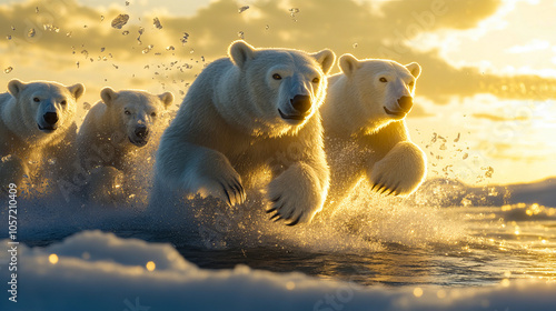 Polar bears running swiftly through snow, as if chasing prey, with a focused expression in an arctic setting photo