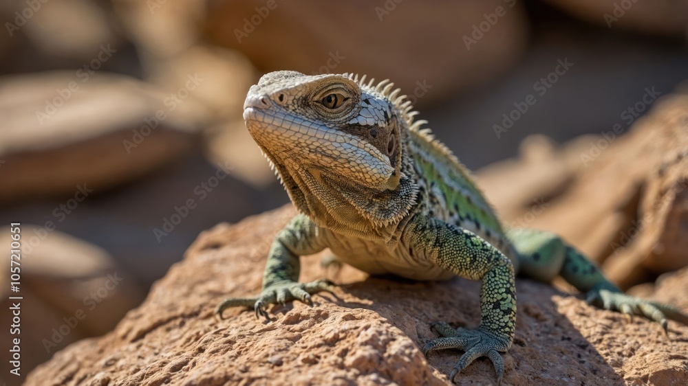A close-up of a lizard resting on a rock in a natural environment. A close-up of a lizard resting on a rock in a natural environment.