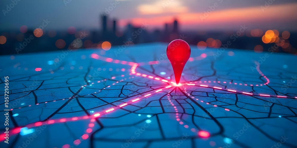 Close-up of a city map highlighted with glowing neon blue and pink lights, featuring a red navigation pin element, intricate abstract geometric patterns, and a softly blurred background