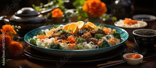 Wallpaper Mural A vibrant platter of noodles and vegetables garnished with citrus, set in an elegant dining scene. Torontodigital.ca