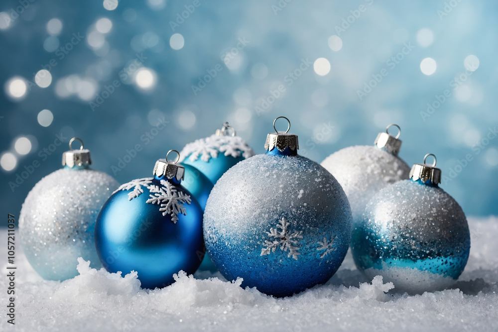 gradient icy blue and white background with snow-dusted Christmas ornaments gradient icy blue and white background with snow-dusted Christmas ornaments