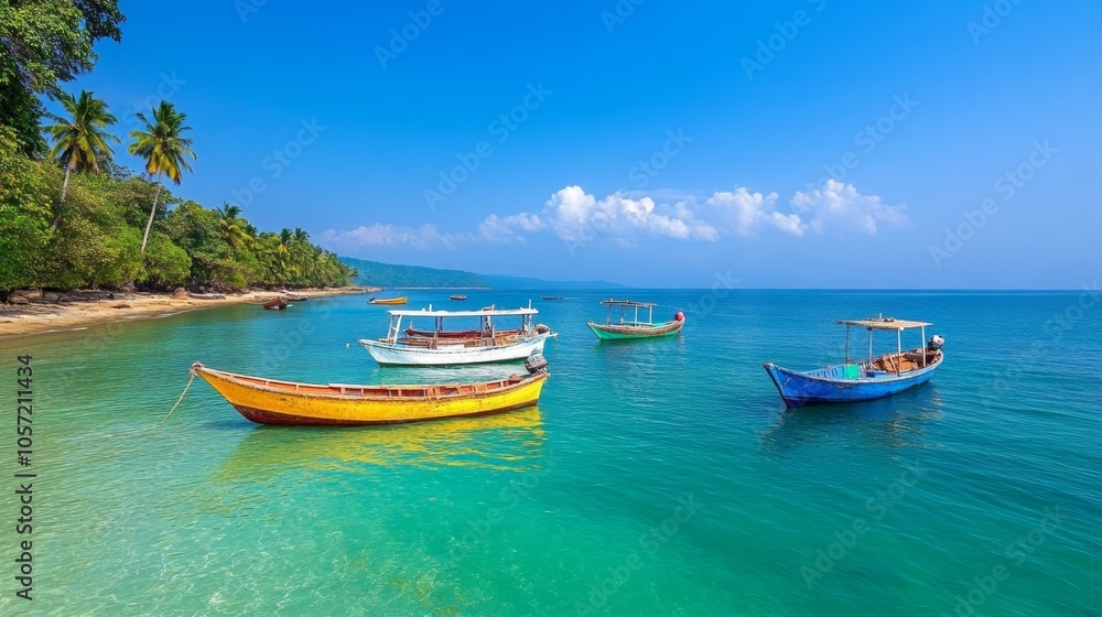 Tropical Beach with Boats Palm Trees and Clear Turquoise Water Tropical Beach with Boats Palm Trees and Clear Turquoise Water
