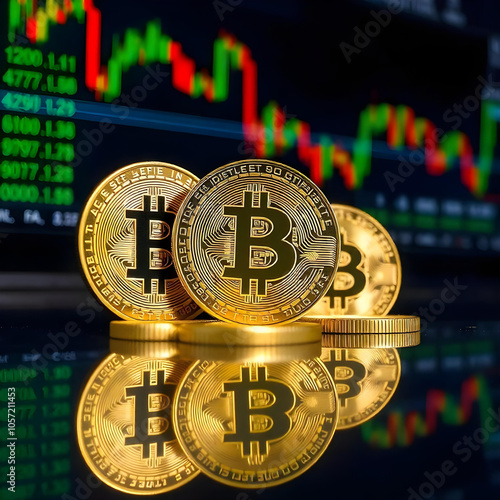 Bitcoins and crypto currency on the background of trading graphs