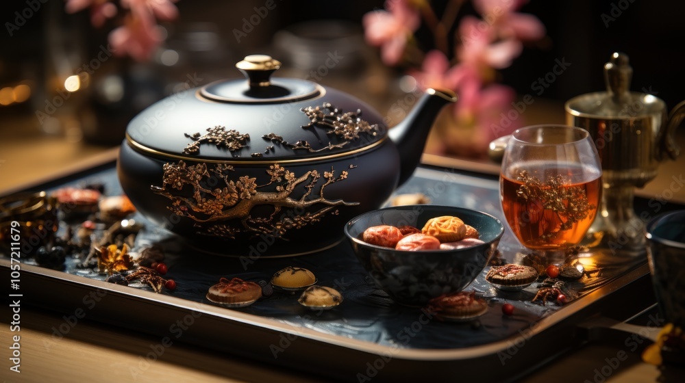 A beautifully arranged tea set with pastries, creating an inviting atmosphere for relaxation.