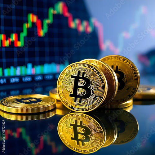 Bitcoins and crypto currency on the background of trading graphs