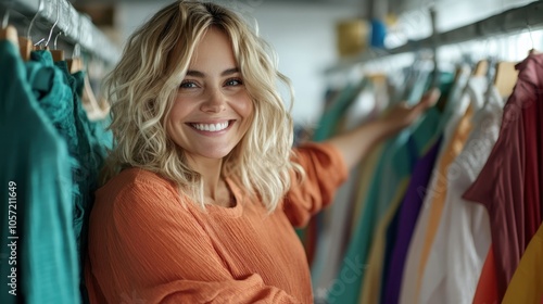 A smiling woman is happily selecting clothes from a colorful array, wearing a peach shirt, in a brightly lit space filled with a variety of vibrant textiles and garments.