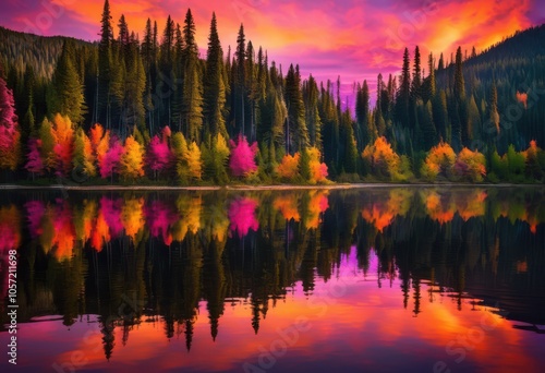 stunning vibrant sunset reflections dancing over calm tranquil lake waters creating breathtaking natural landscape, aesthetic, atmosphere, beauty photo