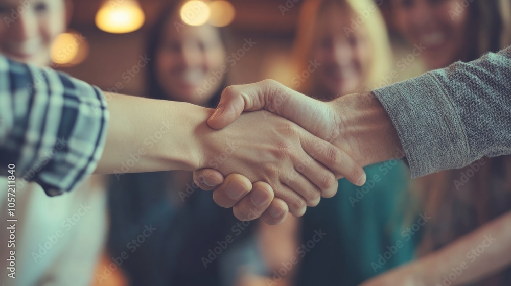 A handshake between two people in a group of people A handshake between two people in a group of people