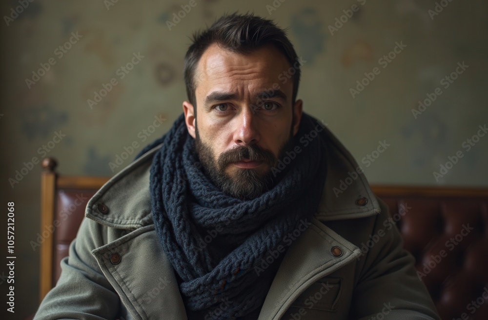 Portrait of a man with a beard wearing a thick scarf, seated indoors in a vintage setting during the winter season Portrait of a man with a beard wearing a thick scarf, seated indoors in a vintage setting during the winter season