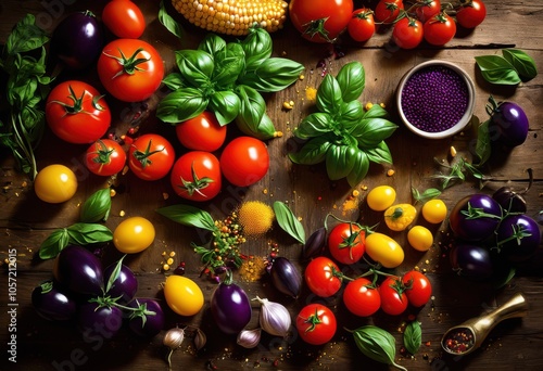 vibrant assortment colorful food ingredients displayed rustic wooden table surface, apple, banana, berry, beetroot, broccoli, carrot, cabbage