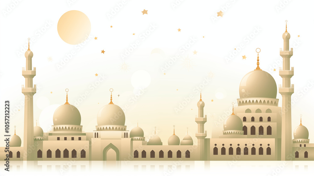 Obraz premium Illustration vector of a mosque with elegant domes and minarets, glowing star above