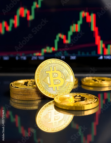 Bitcoins and crypto currency on the background of trading graphs