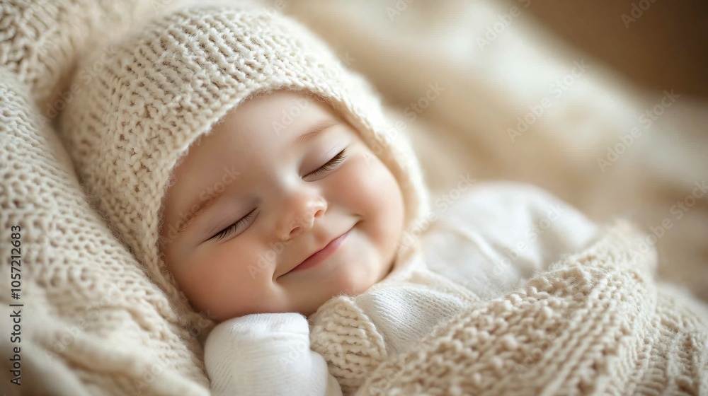 A newborn baby peacefully sleeping in a cozy, soft blanket, with a gentle smile and a background of warm, neutral tones A newborn baby peacefully sleeping in a cozy, soft blanket, with a gentle smile and a background of warm, neutral tones