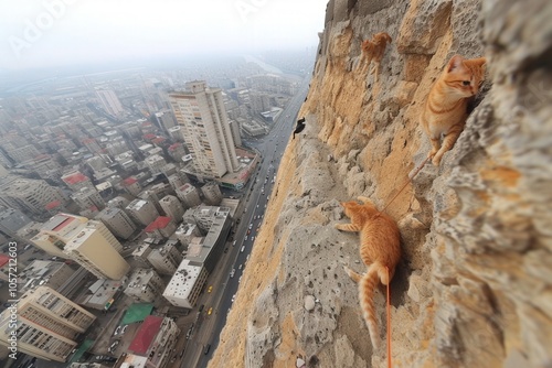 Three orange cats are on a ledge in a city photo