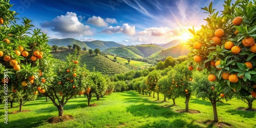 Vibrant Orange Fruit in a Lush Orchard Landscape - Panoramic View of Citrus Trees and Juicy Oranges for