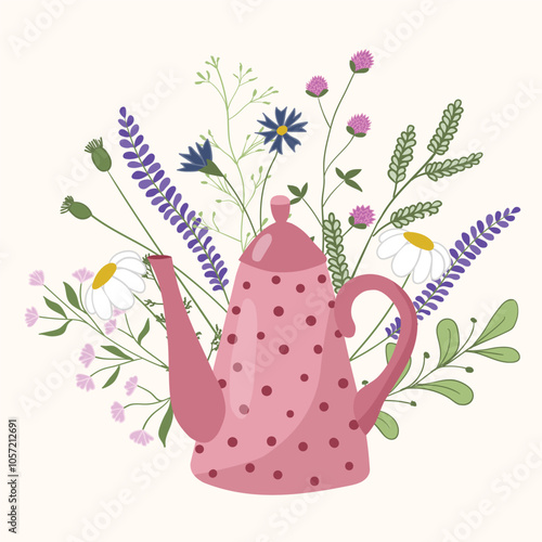 Vector illustration of a doodle teapot with herbal tea
