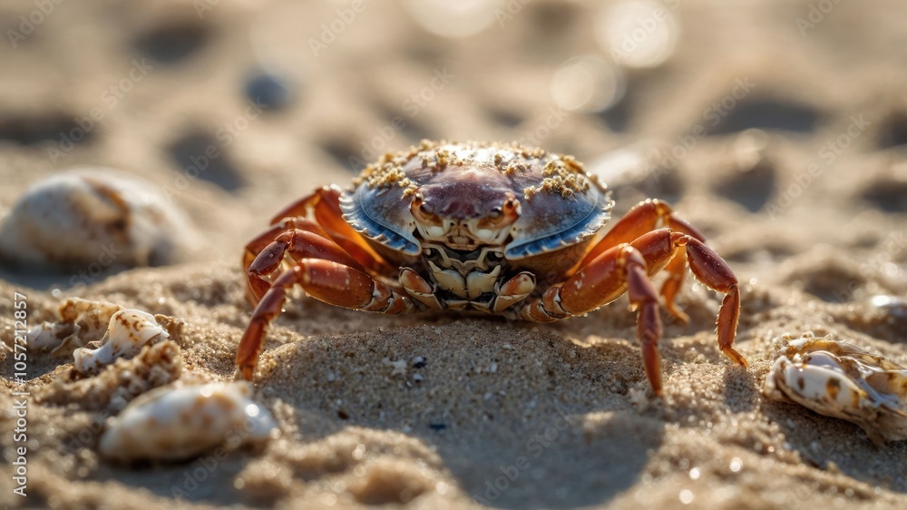 A close-up of a crab on sandy beach, surrounded by seashells, capturing nature's beauty. A close-up of a crab on sandy beach, surrounded by seashells, capturing nature's beauty.