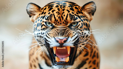 Portrait of a wild leopard with open mouth and sharp teeth