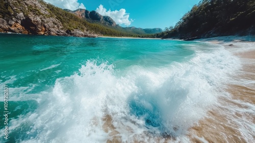 Turquoise ocean waves wash up on a scenic sandy beach with lush green hills in the background, highlighting nature's vibrant colors and rejuvenating essence by the sea. photo