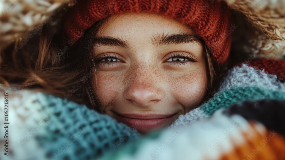 A close-up image of a smiling woman bundled in warm knits and a hat, exuding joy and warmth through her eyes, set against a cozy and inviting backdrop. A close-up image of a smiling woman bundled in warm knits and a hat, exuding joy and warmth through her eyes, set against a cozy and inviting backdrop.