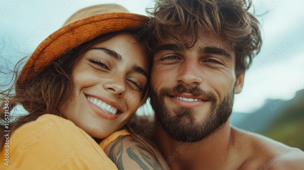 A bright image of a carefree couple at the beach, wearing casual summer attire, their faces lit with happiness and smiles under a gentle, sunlit sky. A bright image of a carefree couple at the beach, wearing casual summer attire, their faces lit with happiness and smiles under a gentle, sunlit sky.