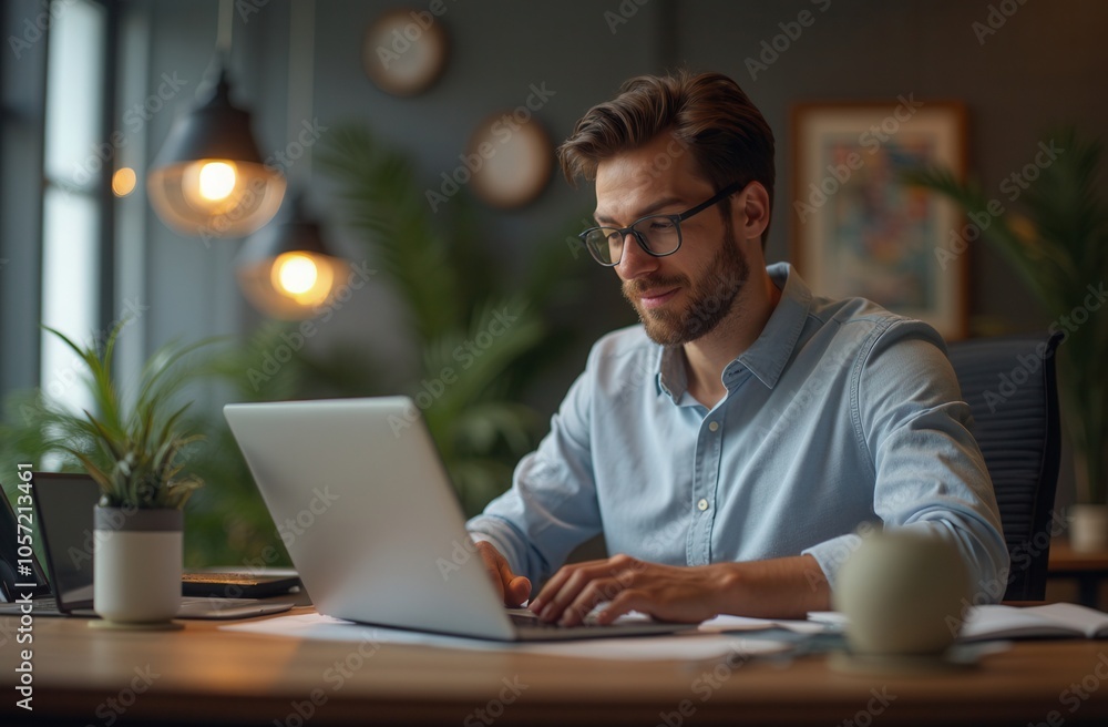 A man working diligently at his laptop in a modern home office surrounded by plants during the afternoon A man working diligently at his laptop in a modern home office surrounded by plants during the afternoon