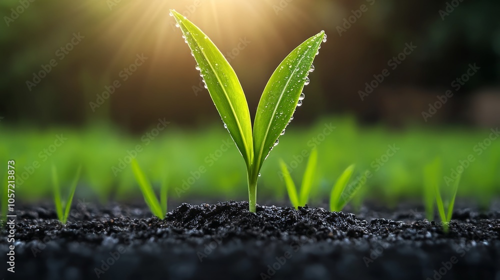 Fresh Green Sprout with Dew Drops in Sunlight New Life Growth Concept Fresh Green Sprout with Dew Drops in Sunlight New Life Growth Concept