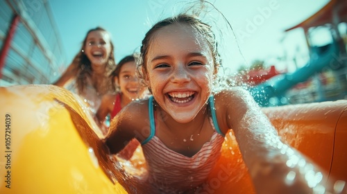 A child joyfully rides a waterslide, surrounded by splashes and bright sunshine, embodying the exuberant spirit of a carefree and fun-filled summer day outside. photo