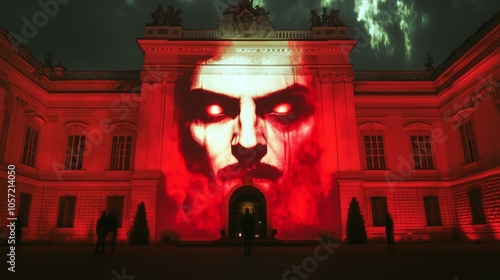 A striking red projection of a face illuminates a historic building, creating an eerie and dramatic nighttime scene. photo