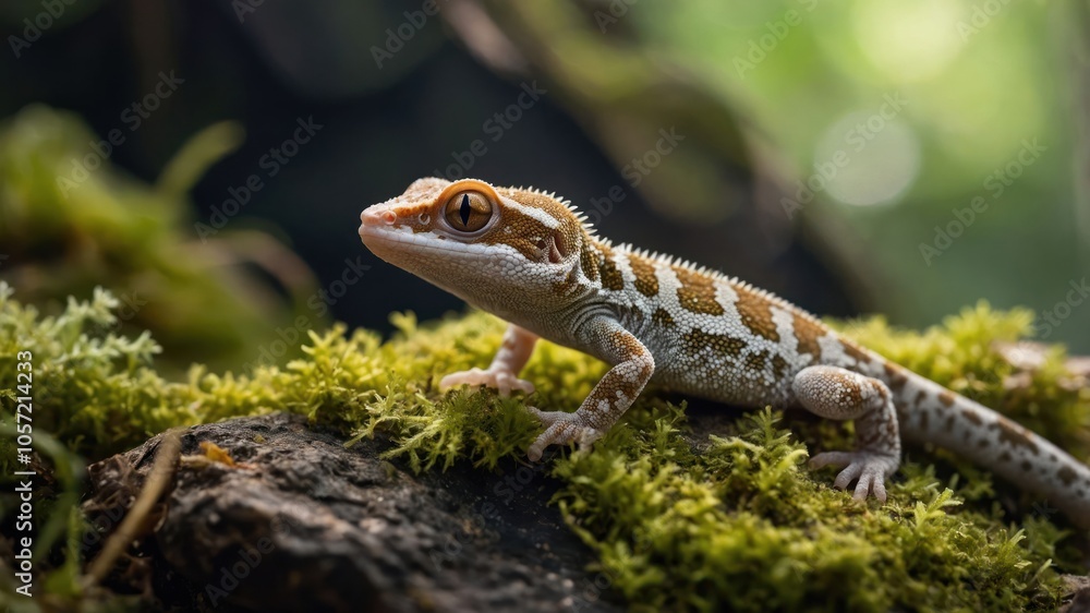 A close-up of a gecko resting on mossy rocks in a lush environment. A close-up of a gecko resting on mossy rocks in a lush environment.
