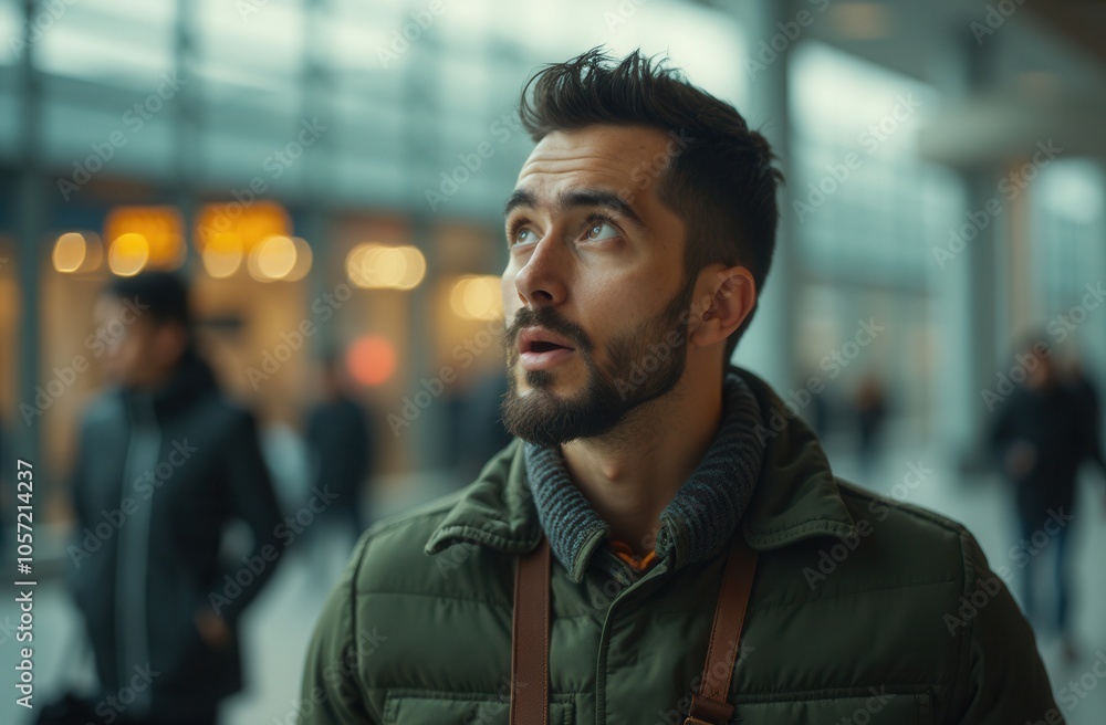 Man looking up in an urban setting during the day while waiting at a bustling transportation hub Man looking up in an urban setting during the day while waiting at a bustling transportation hub