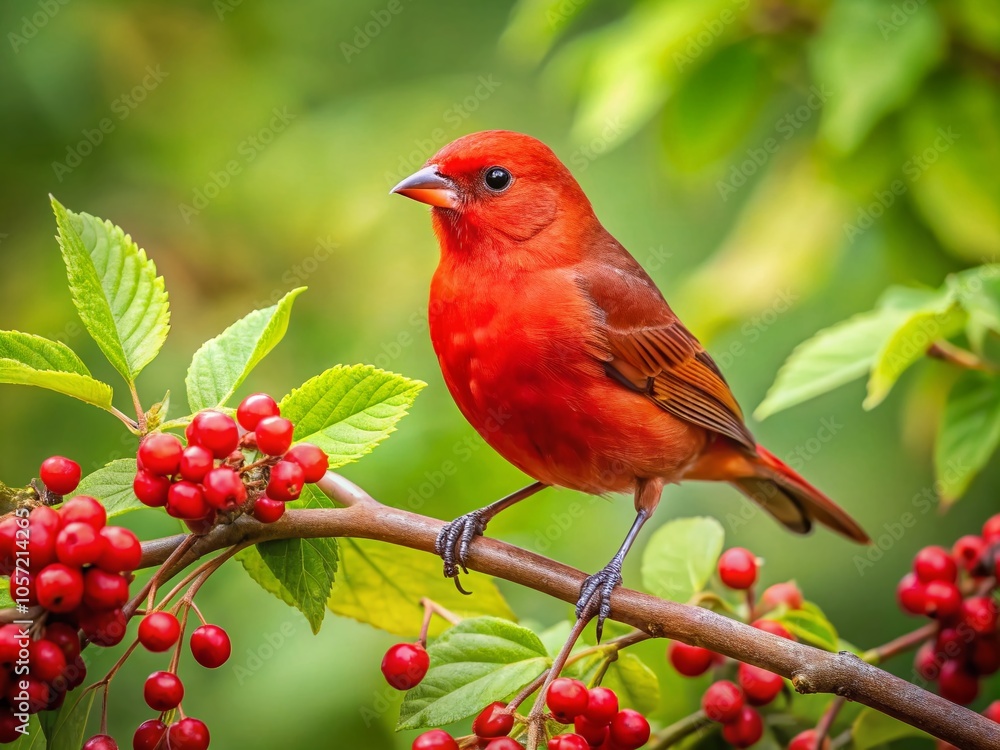 Vibrant Red Bird on Tree Branch Surrounded by Leaves and Berries in Soft Focus Background for Nature Lovers Vibrant Red Bird on Tree Branch Surrounded by Leaves and Berries in Soft Focus Background for Nature Lovers