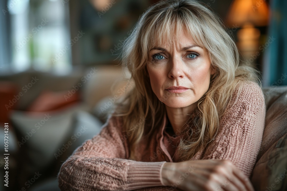 Sad mature woman is sitting on a sofa at home, Generative AI Sad mature woman is sitting on a sofa at home, Generative AI