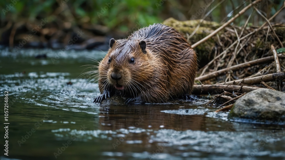 A beaver wades in a serene stream, showcasing its natural habitat. A beaver wades in a serene stream, showcasing its natural habitat.