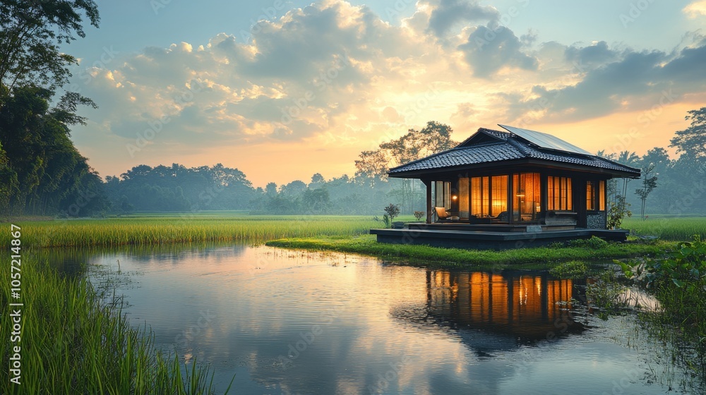 Fototapeta premium Solar-powered small house by a peaceful pond in a serene rural landscape
