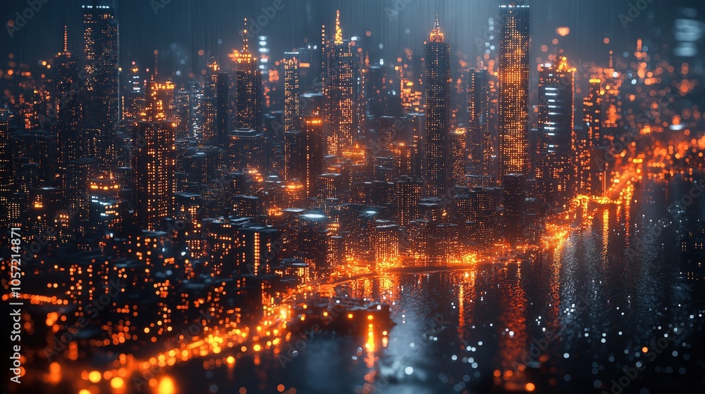 A vibrant city skyline at night, illuminated by orange lights reflecting on water, creating a dreamy, atmospheric urban scene. A vibrant city skyline at night, illuminated by orange lights reflecting on water, creating a dreamy, atmospheric urban scene.