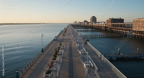 Aerial view of waterfront promenade with boardwalks