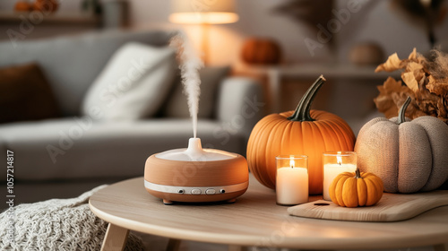 Cozy living room scene with essential oil diffuser emitting mist, surrounded by lit candles, pumpkins, and autumn decor on a wooden table. photo