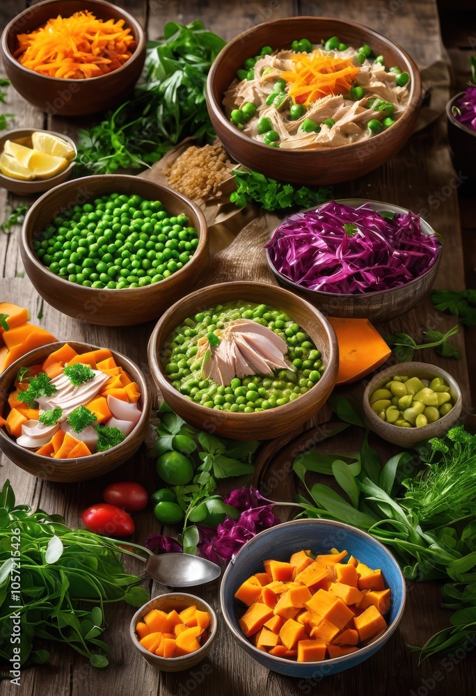 colorful vibrant bowls overflowing high quality premium pet nourishment featuring fresh ingredients texture, food, health, mixture, design, decoration colorful vibrant bowls overflowing high quality premium pet nourishment featuring fresh ingredients texture, food, health, mixture, design, decoration
