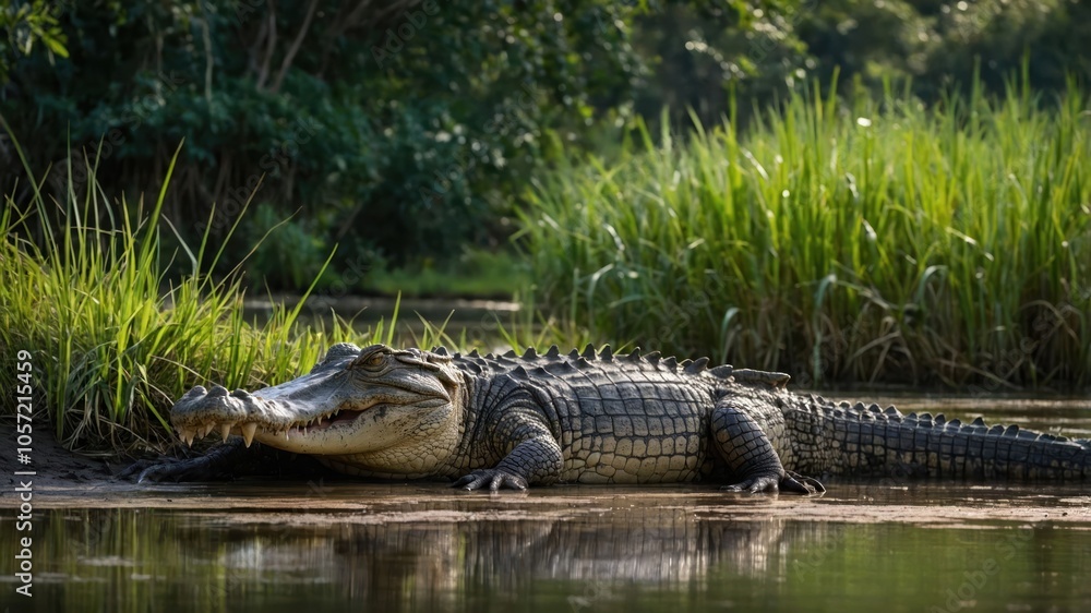 A crocodile resting by the water's edge amidst lush greenery. A crocodile resting by the water's edge amidst lush greenery.