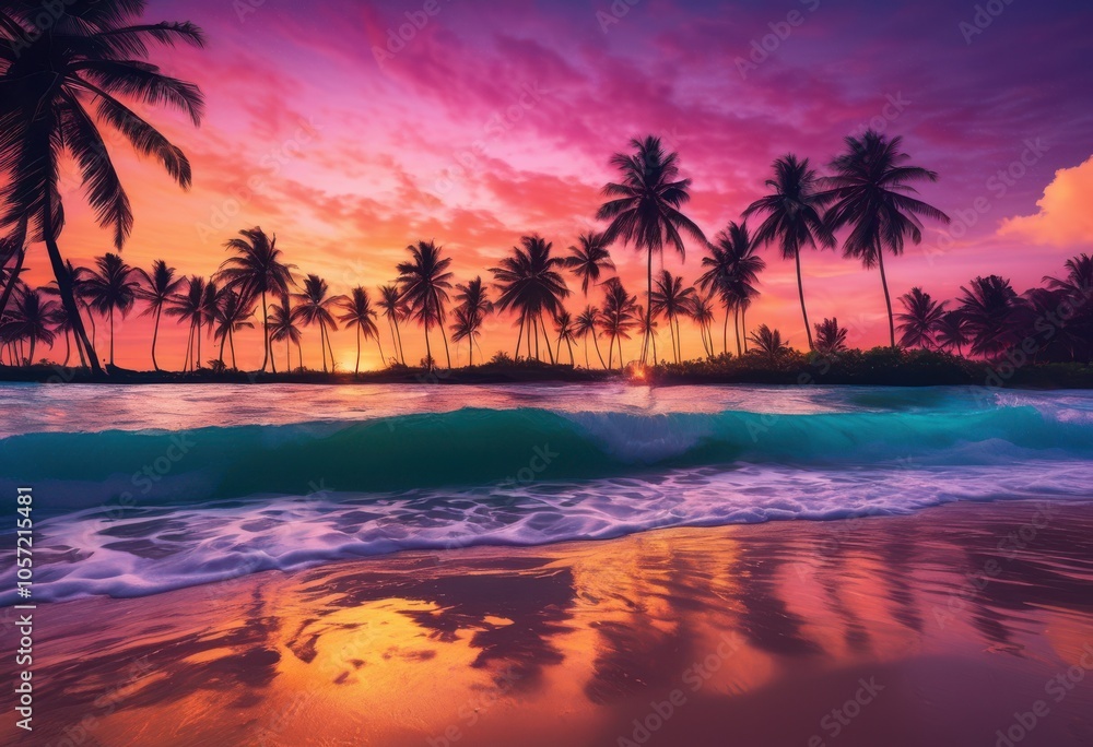 mesmerizing exotic beach scenery featuring lush palm trees vibrant sunset sky colorful waves golden sand, ocean, sea, clouds, dusk, colors, view, landscape mesmerizing exotic beach scenery featuring lush palm trees vibrant sunset sky colorful waves golden sand, ocean, sea, clouds, dusk, colors, view, landscape