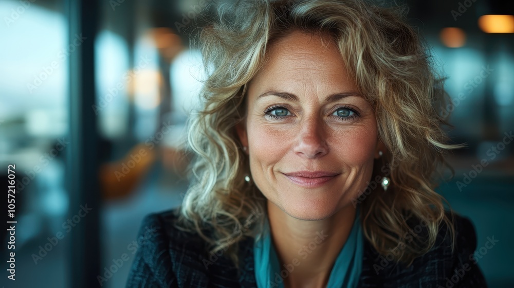 A woman with curly hair smiles softly into the camera, seated in a contemporary workspace bathed in bright light, creating an atmosphere of professionalism and warmth. A woman with curly hair smiles softly into the camera, seated in a contemporary workspace bathed in bright light, creating an atmosphere of professionalism and warmth.