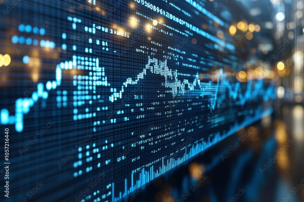 Fototapeta premium Close-up of a Stock Market Data Display with Blurred City Lights in the Background