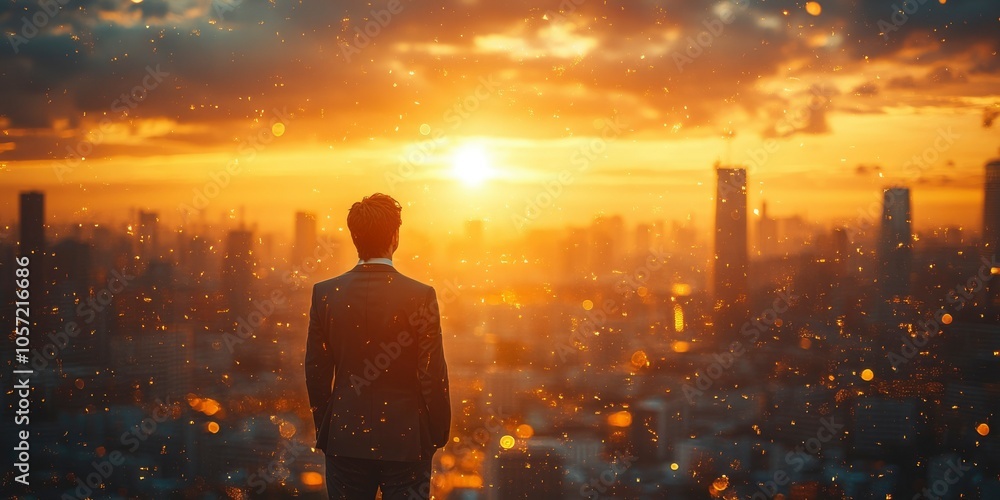 Fototapeta premium A Man in a Suit Stands with His Back Turned Towards a Cityscape at Sunset