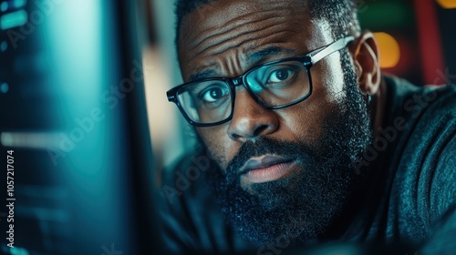 A pensive bearded man wearing glasses is seen analyzing data on a computer screen, reflecting concentration, focus, and the analytical processes of the modern workplace. photo